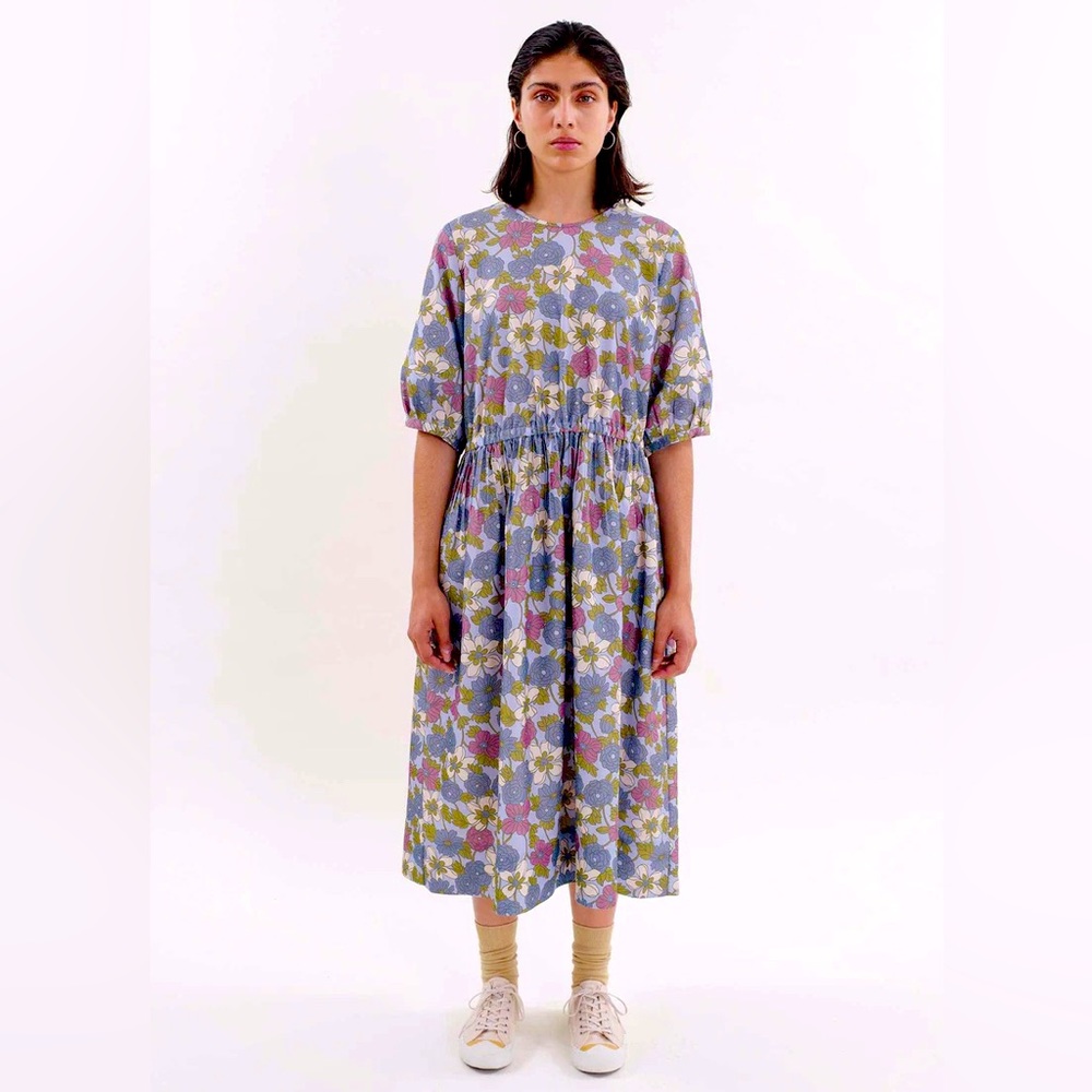 YMC London Floral Midi Smock Dress Size S 70s Mod Blue Pink Cotton Garden - Picture 12 of 16